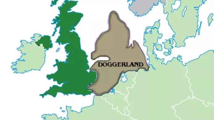 A map showing Doggerland, connecting the land mass representing the UK connected to mainland Europe